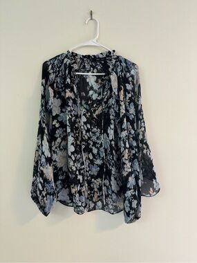Mango Black Floral Tie-Neck Blouse with Blue and Cream Accents